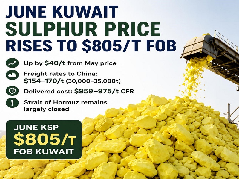 KPC do Kuwait aumenta preço de oferta FOB de enxofre de junho para US$ 805 por tonelada